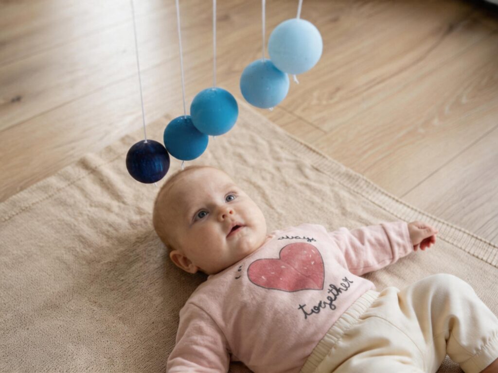 Baby observing a painted DIY Montessori Gobbi mobile from a movement mat.
