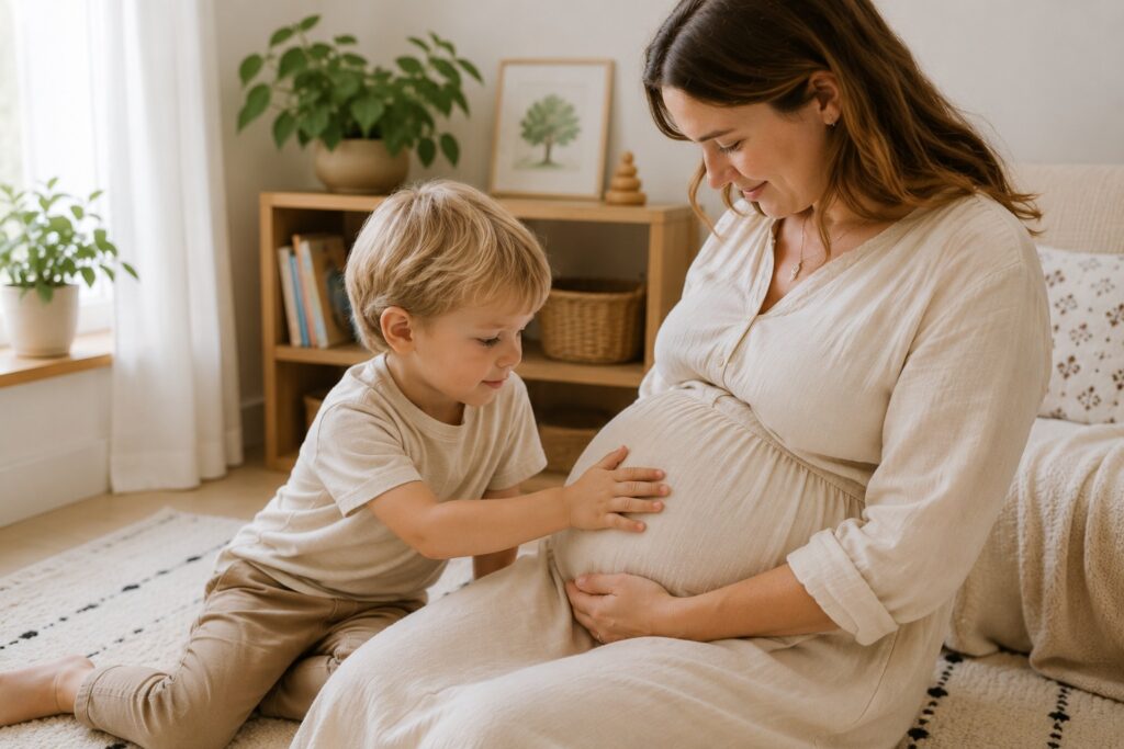Blond older sibling gently touching pregnant mother’s belly in calm Montessori-inspired home