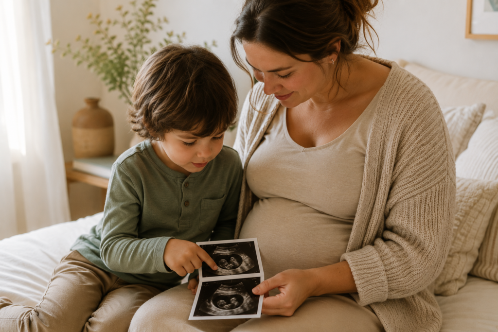 How to Tell Your Firstborn About a New Baby: Older sibling looking at ultrasound photos with pregnant mother in calm natural light