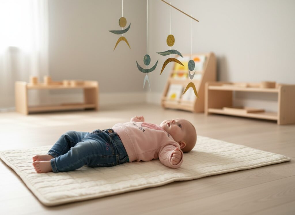 montessori mobile positioned above baby at correct distance