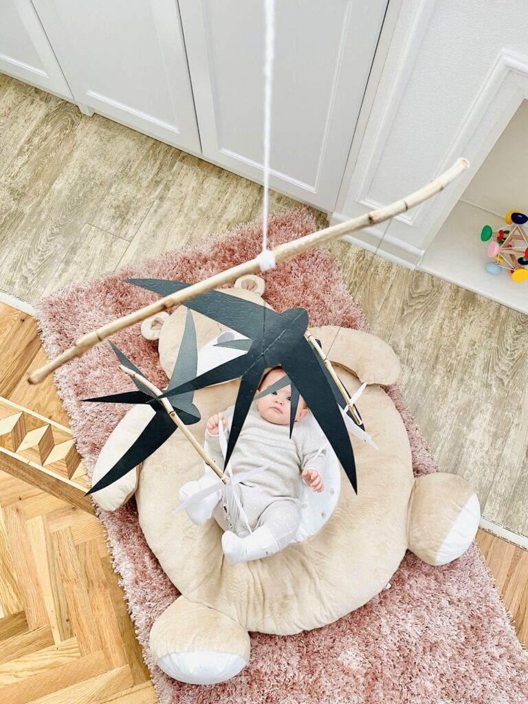 Baby gazing at the slowly moving swallow figures, developing early visual tracking and concentration. Baby observing a black and white visual mobile