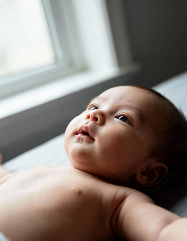 Newborn baby gazing softly toward light and shadow - visual development