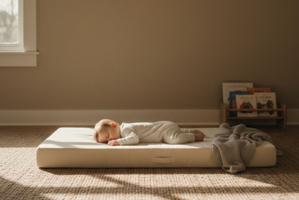Bebé descansando de forma autónoma en una habitación tranquila con cama Montessori en el suelo