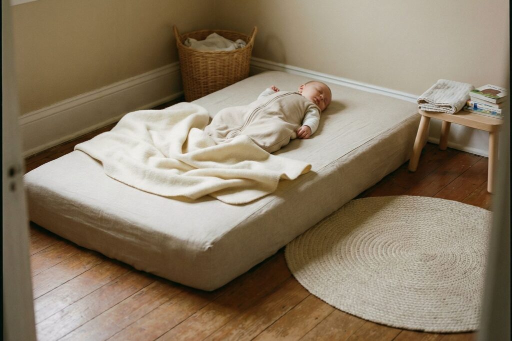 Bebé durmiendo en una cama Montessori con colchón colocado directamente en el suelo