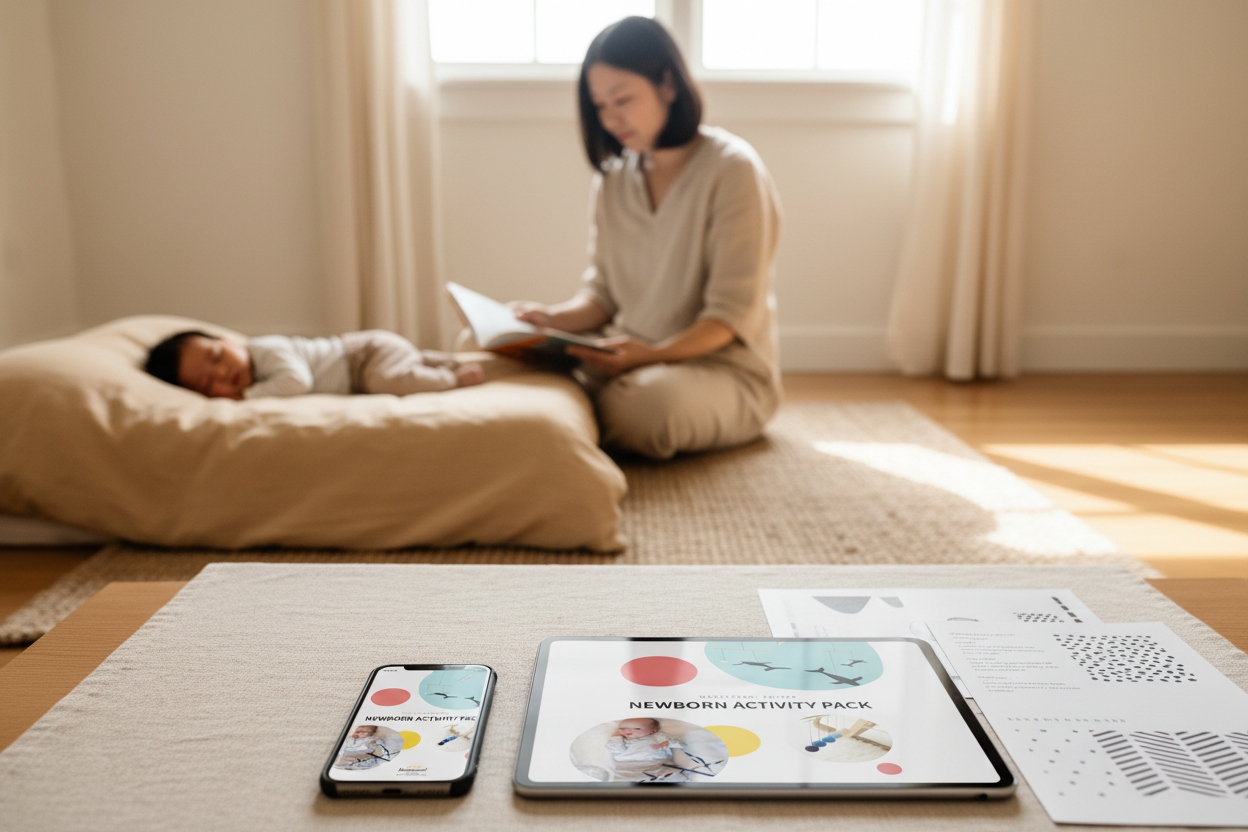 Newborn Activity Pack – Montessori-Inspired Digital Guide in the front and an asian mum reading it at the back