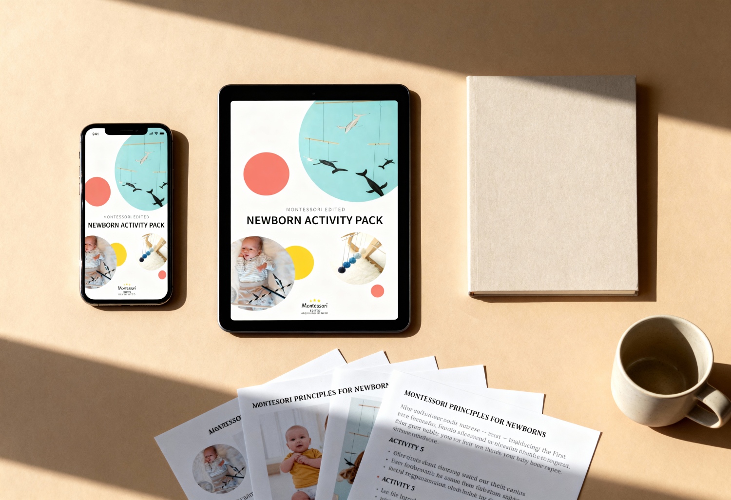 Newborn Activity Pack – Digital Guide on a tablet, on a phone and printed out