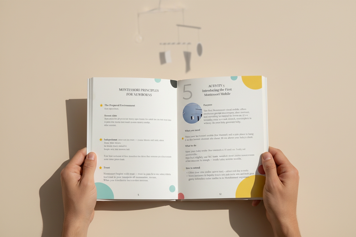 Newborn Activity Pack – Digital Guide in hand wiht the shadow of the Munari mobile at the back