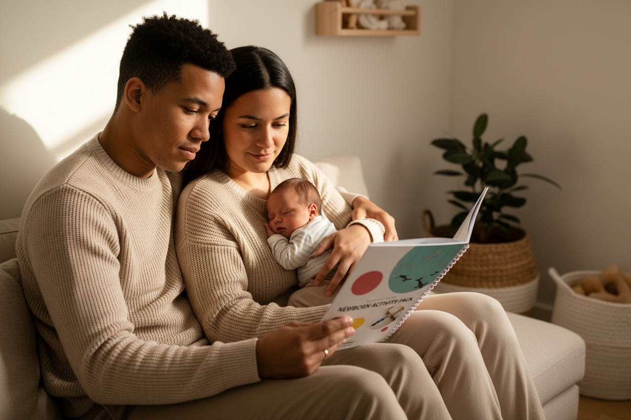 Mixed race parents read the Newborn Activity Pack – Digital Guide with their baby