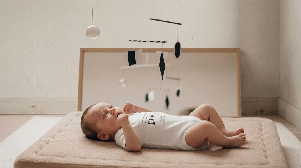 baba mozgásmatracon Munari-forgó alatt Montessori környezetben