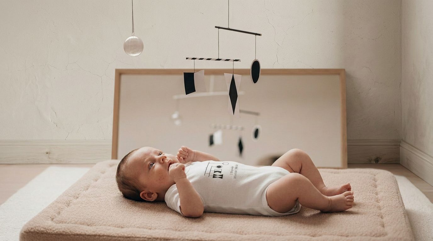 bebé en alfombra de movimiento observando un móvil Munari en un espacio Montessori