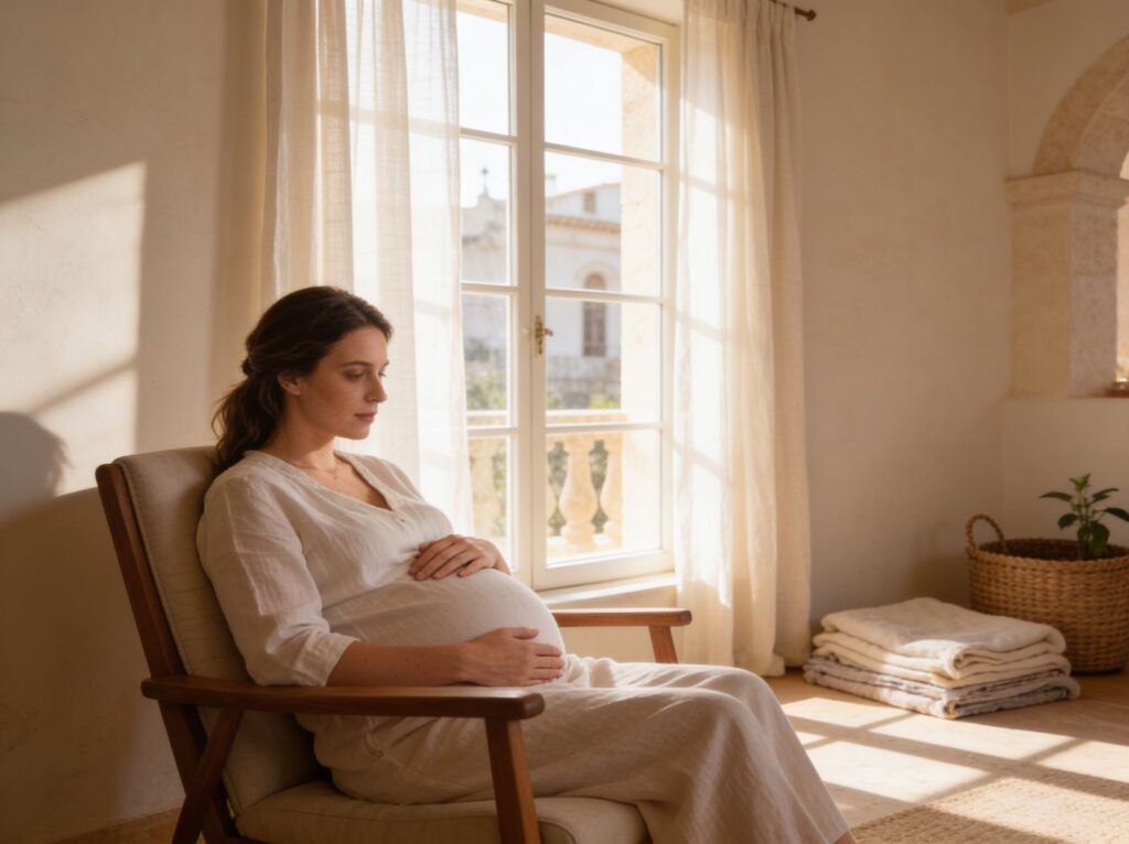 pregnant woman quietly observing baby movement before birth