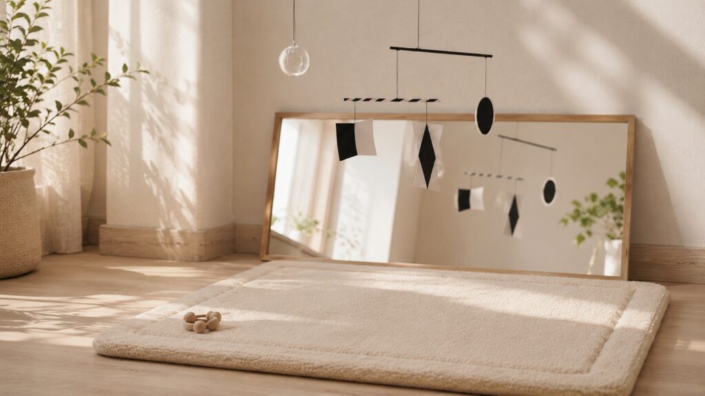 Montessori baby movement area with side-lying mirror, movement mat and Munari mobile