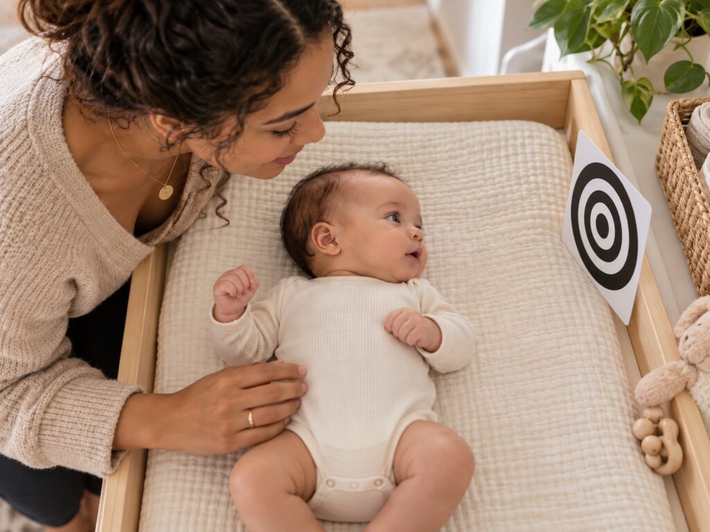 Mother smiling at her baby lying on a soft mat, with a black-and-white concentric circle visual card positioned nearby for supervised observation.
