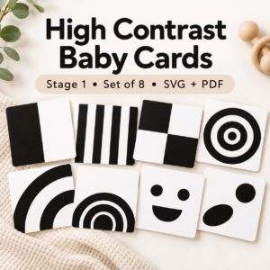 Eight high contrast baby cards featuring black-and-white circles, stripes, curves and geometric patterns.
