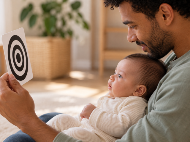 Father and baby with a high contrast baby card