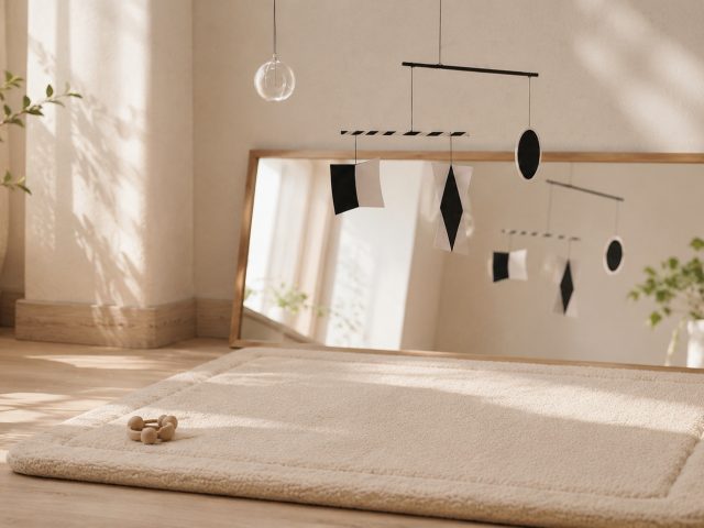Montessori baby movement area with side-lying mirror, movement mat and Munari mobile