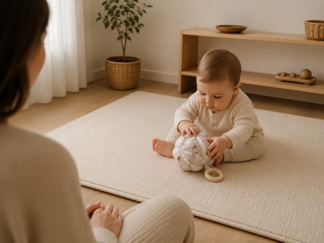 baby independently exploring Montessori puzzle ball while mother quietly observes